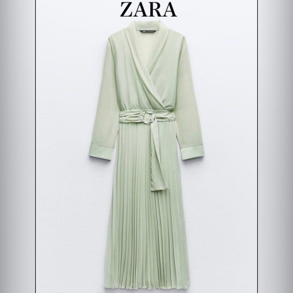 Zara Green Shimmer Long Sleeve Pleated Wrap Dress